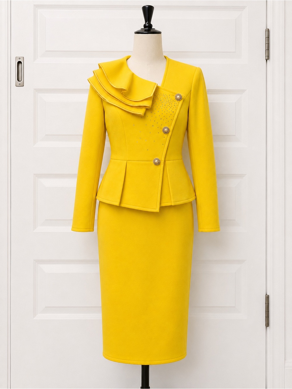 Donna Vinci Yellow Church Suit Skirt Set Womens Size 8 Embellished Ruffle Jacket